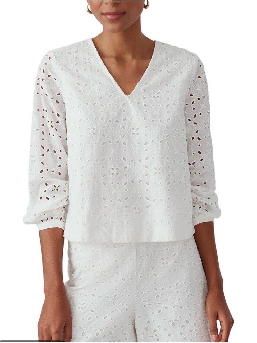 J McLaughlin Rowan White Eyelet V-Neck Blouse